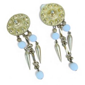 Les Bernard Gold and White Dangle Clip On Earrings Southwestern Style Boho Chic